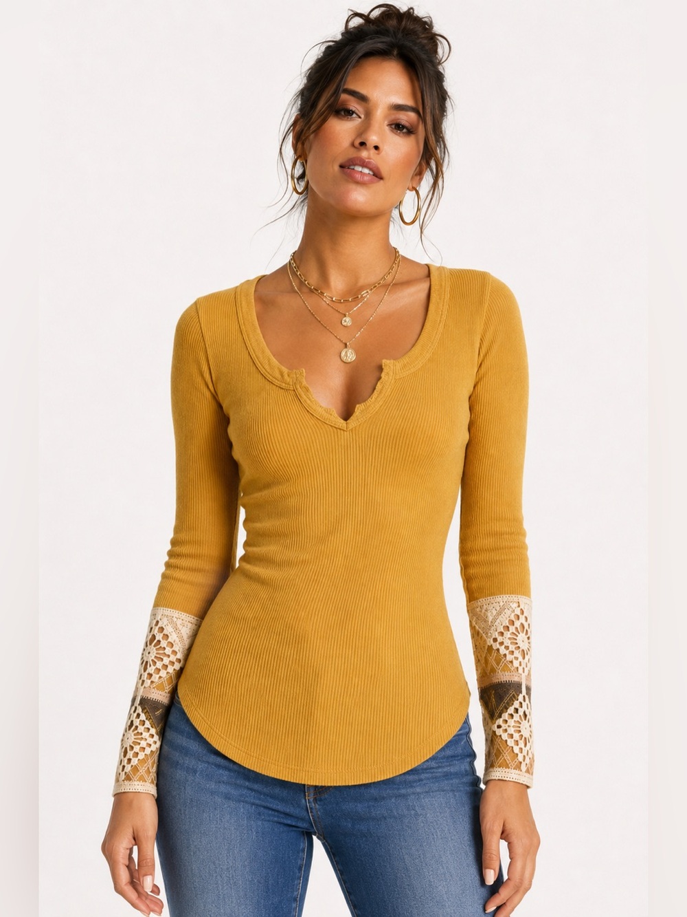 Free People Kombucha Cuff Thermal Mustard Yellow Lace Crochet Detail Top Sz M